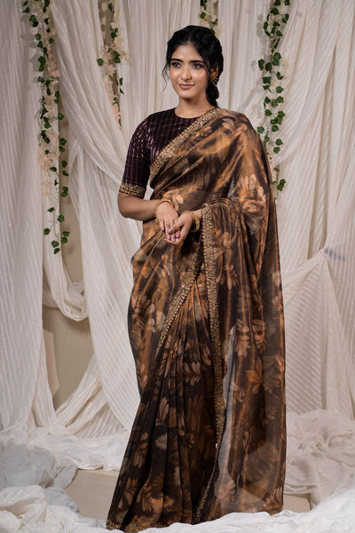 Coffee Brown Floral Tissue Saree