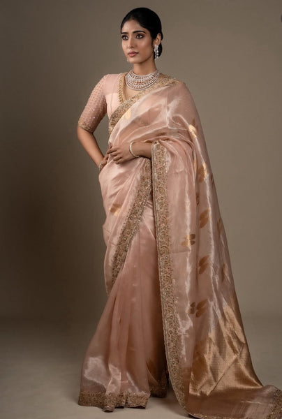 Peach Tissue Embroidered Saree With Blouse
