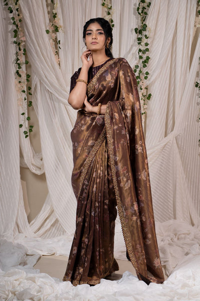 Antique Bronze Brown Floral Tissue Saree