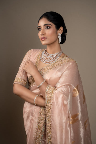 Peach Tissue Embroidered Saree With Blouse