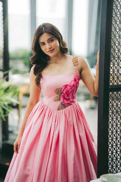 Peach Pink Varnam Corset Dress With Floral Strap