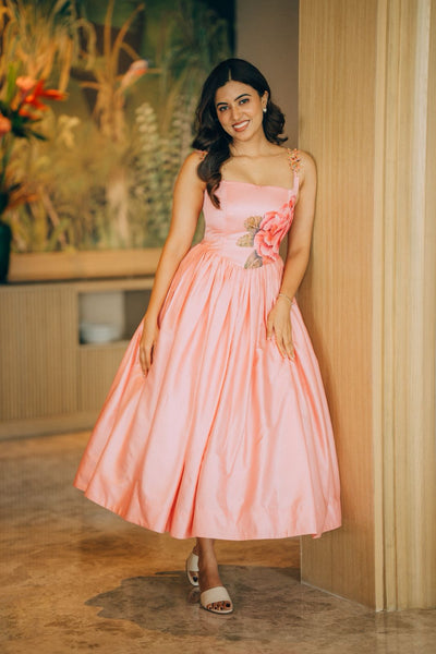 Peach Pink Varnam Corset Dress With Floral Strap