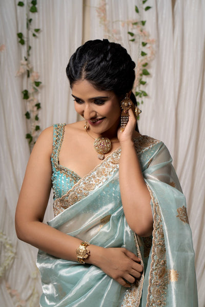Aqua Mist Tissue Embroidered Saree With Blouse