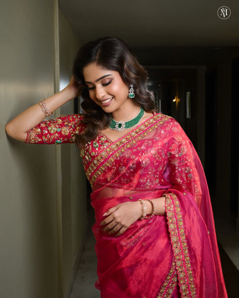Pink Tissue Embroidered Saree With Blouse