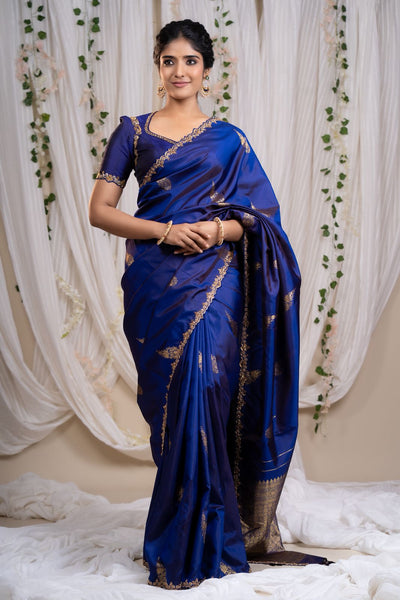 Midnight Royal Blue Kanjeevaram Silk Saree With Blouse
