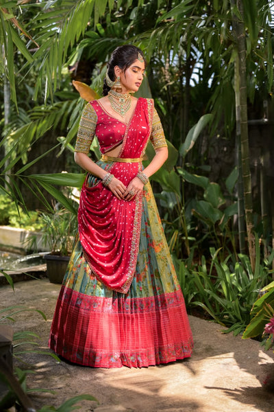 Antique Sage And Ruby Red Silk Lehenga With Bandhini Shawl