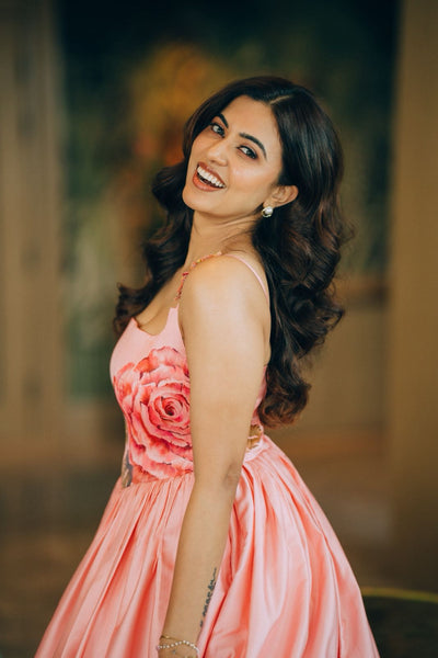 Peach Pink Varnam Corset Dress With Floral Strap