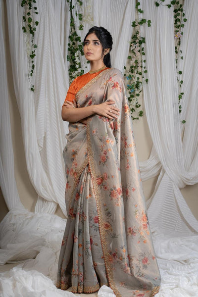Ivory Grey Floral Tissue Saree