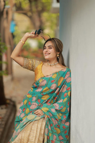 Gold Striped Lehenga with Kalamkari Dupatta