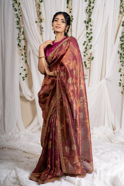 Mulberry Wine Floral Tissue Saree