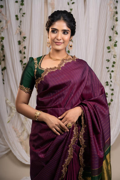 Regal Plum With Emerald Kanjeevaram Silk Saree With Blouse