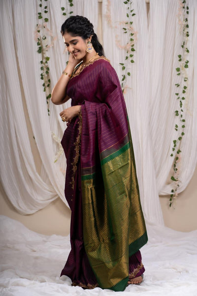 Regal Plum With Emerald Kanjeevaram Silk Saree With Blouse