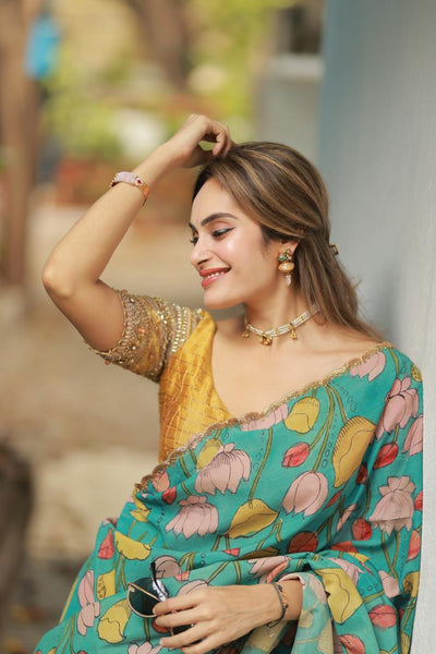 Gold Striped Lehenga with Kalamkari Dupatta