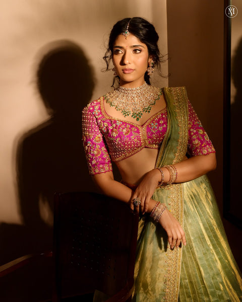 Sage Green And Rani Pink Kanchee Tissue Lehenga
