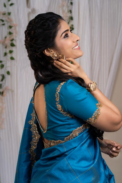 Sapphire Peacock Kanjeevaram Silk Saree With Blouse