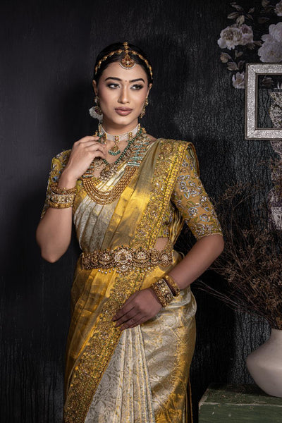 Temple Gold Zari Kanchee Tissue Saree Without Shawl