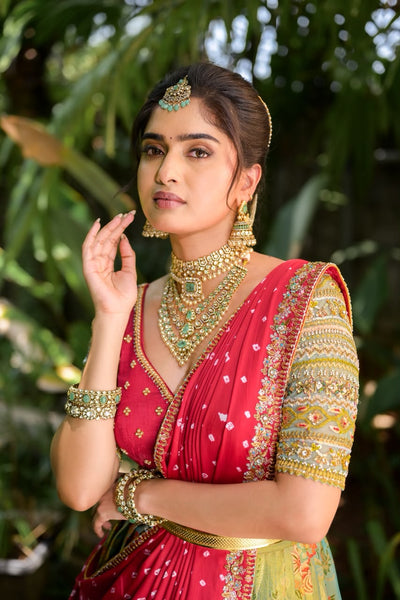Antique Sage And Ruby Red Silk Lehenga With Bandhini Shawl