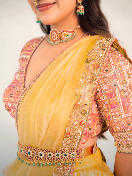 Marigold Yellow With Soft Peach Silk Lehenga