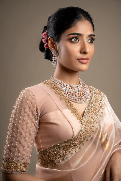 Peach Tissue Embroidered Saree With Blouse