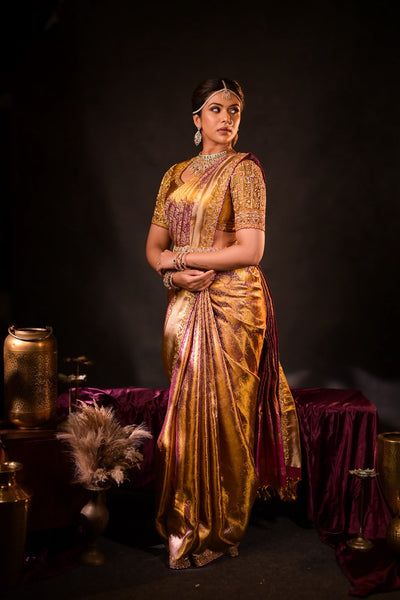 Gold Regal Purple Kanchee Tissue Saree With Blouse