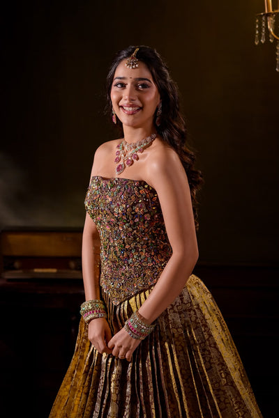 Plum Bronze Gold Corset With Kanchee Silk Tissue Skirt