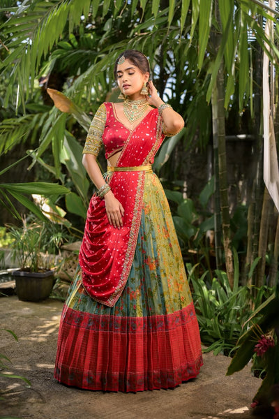 Antique Sage And Ruby Red Silk Lehenga With Bandhini Shawl