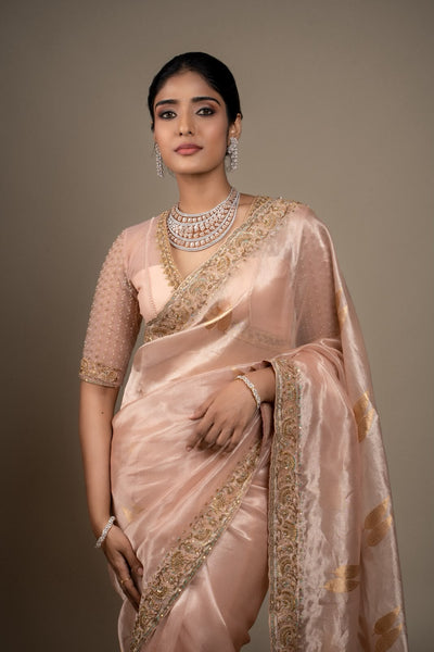 Peach Tissue Embroidered Saree With Blouse