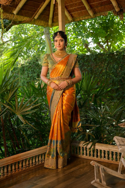 Burnt Orange With Teal Embroidery Silk Tissue Saree