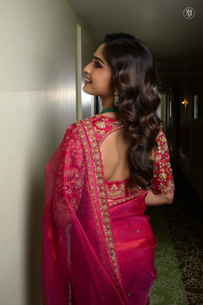 Pink Tissue Embroidered Saree With Blouse