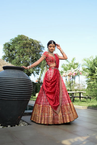 Cherry Red Silk Tissue Lehenga