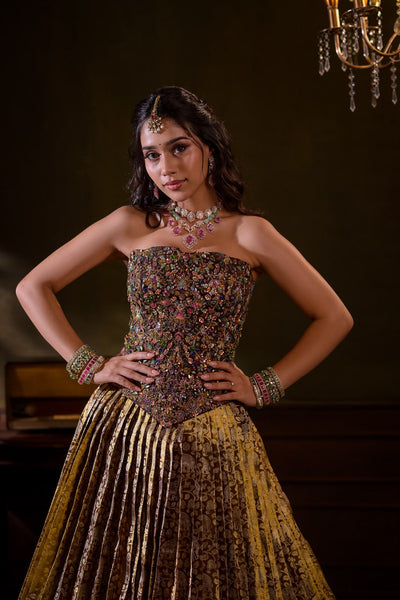 Plum Bronze Gold Corset With Kanchee Silk Tissue Skirt