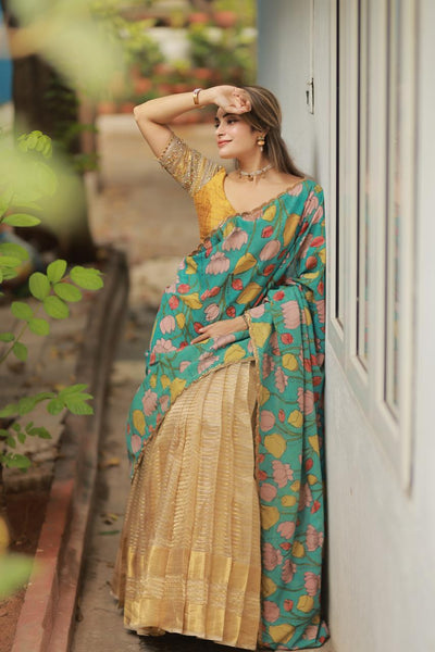 Gold Striped Lehenga with Kalamkari Dupatta