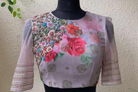 Pink Floral Print Embroidered Blouse