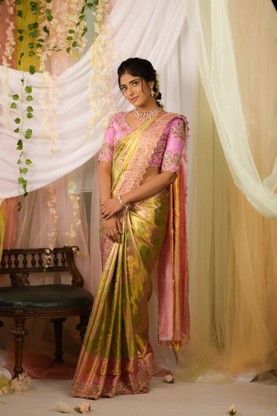 Kancheepuram Silk Saree with Embroidered Rawsilk Blouse