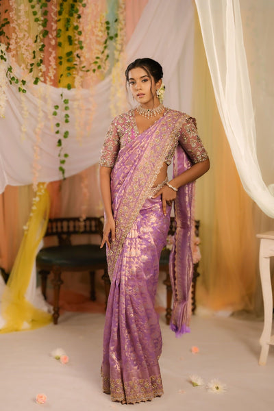 Kora Banarasi Saree with Ornate Border and Netted Blouse