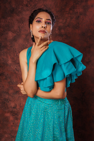 One Side Layered Ruffle Crop top & Kota Khadi Print Skirt