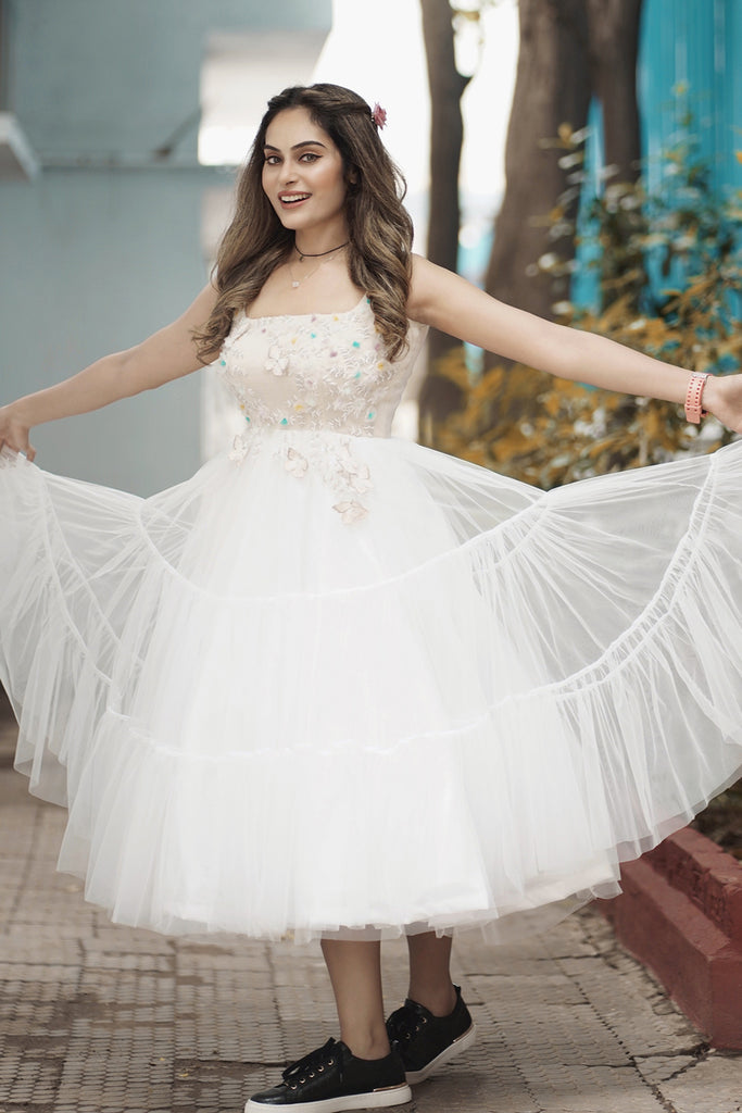 White Layered Frill Net Dress Malar Vikram White Layered Frill Net Dress Malar Vikram