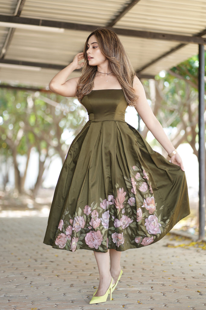 Hand Painted Olive Green Dress From 'VARNAM' Collection Malar Vikram Hand Painted Olive Green Dress From 'VARNAM' Collection Malar Vikram
