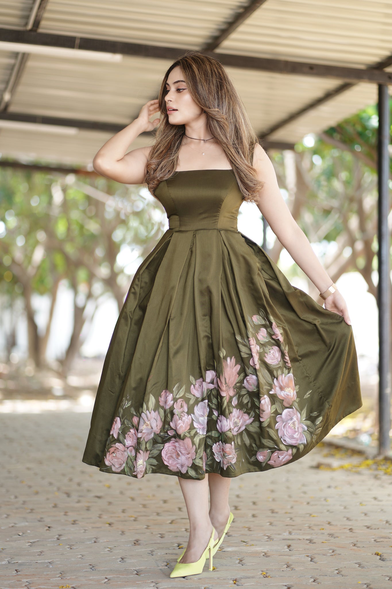 Hand Painted Olive Green Dress From 'VARNAM' Collection Malar Vikram Hand Painted Olive Green Dress From 'VARNAM' Collection Malar Vikram