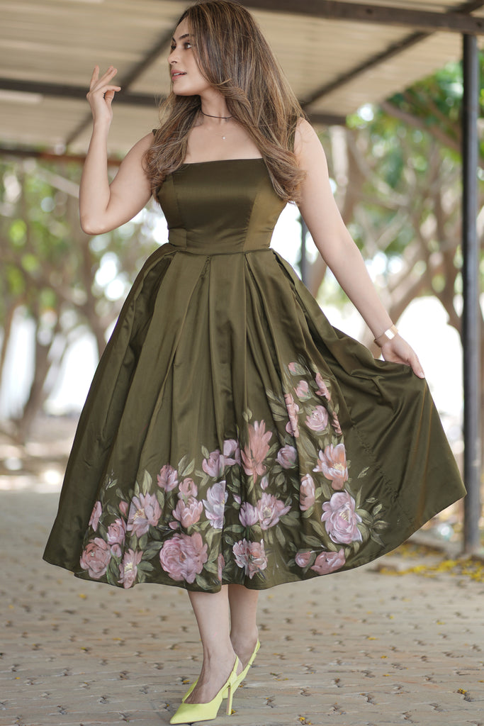 Hand Painted Olive Green Dress From 'VARNAM' Collection Malar Vikram Hand Painted Olive Green Dress From 'VARNAM' Collection Malar Vikram