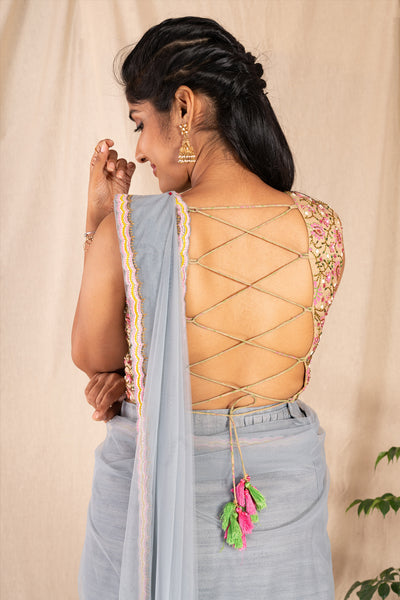 Ash Net Drape Saree With Block Printed Croptop