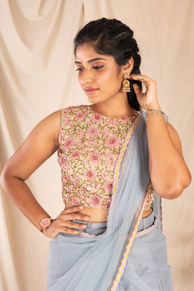 Ash Net Drape Saree With Block Printed Croptop