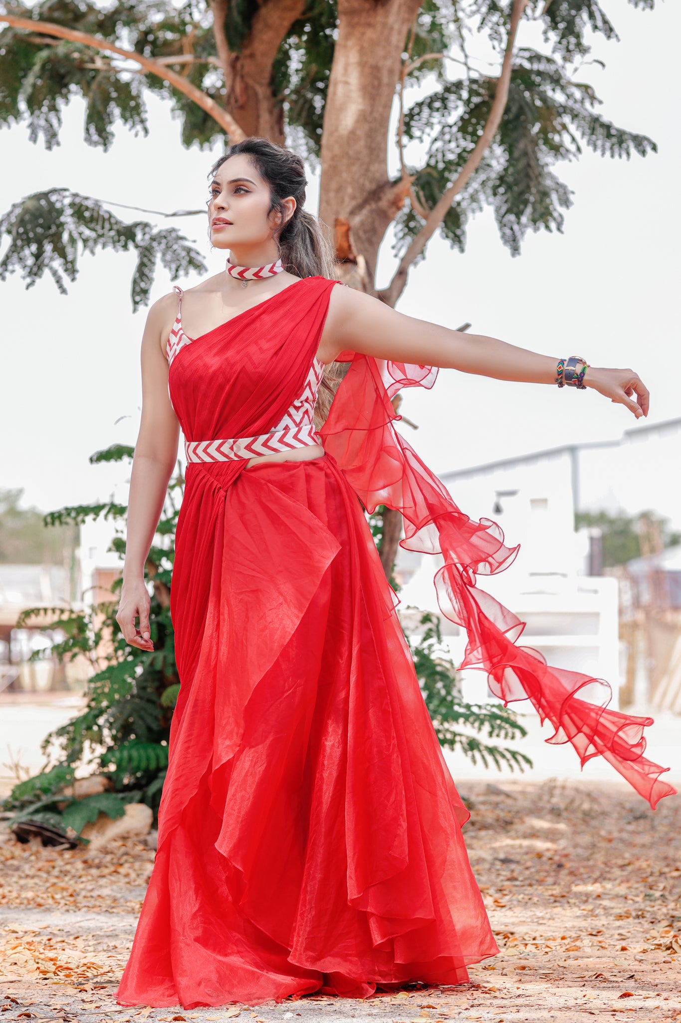 Red Organza Ruffle Drape Saree – Malar Vikram