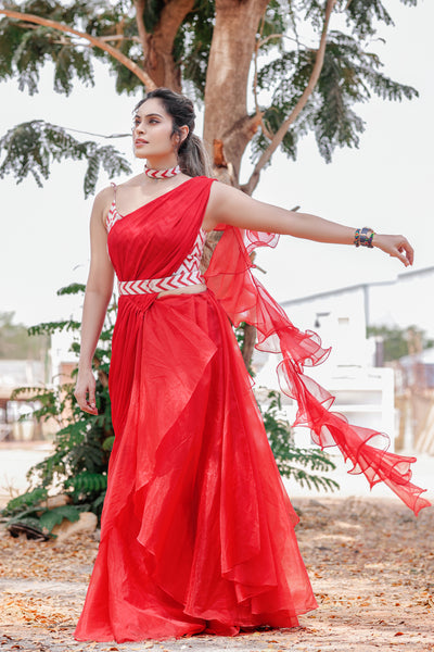 Red Organza Ruffle Drape Saree