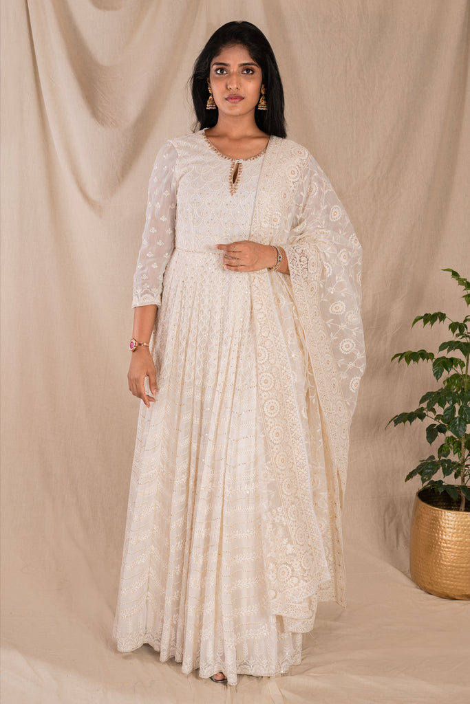 Buy KURTARI Women's Cotton Anarkali Chikankari Suit with Duptta (Medium)  White at Amazon.in