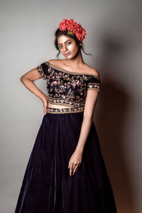 Dazzling Midnight Blue Off-Shoulder Bridal Lehenga