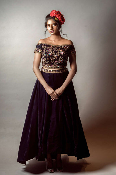 Dazzling Midnight Blue Off-Shoulder Bridal Lehenga