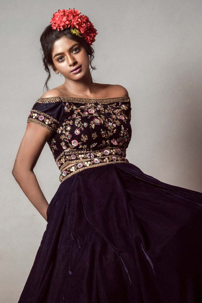 Black Floral Embroidered Off Shoulder Blouse with Lehenga Set - ANK By  Amrit Kaur - East Boutique