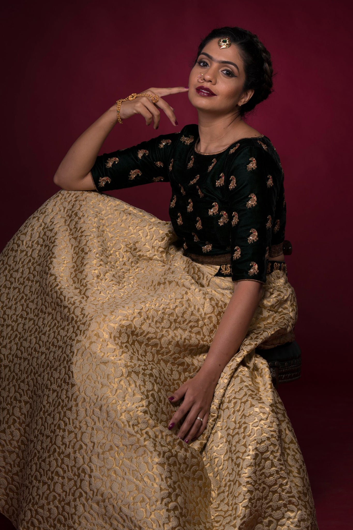Beige Banarasi Skirt Parrot Embroidered Velvet Crop Top – Malar - Main Image