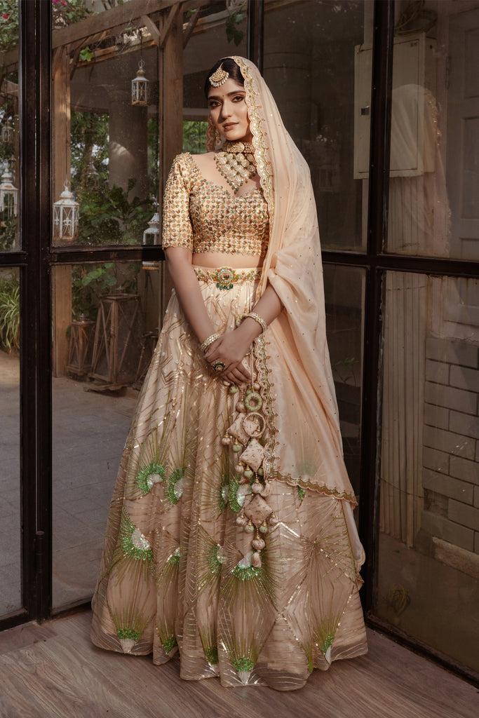 Champagne Gold Bridal Satin Lehenga Set With Crystal Work - Nitika Gujral-  Fabilicious Fashion
